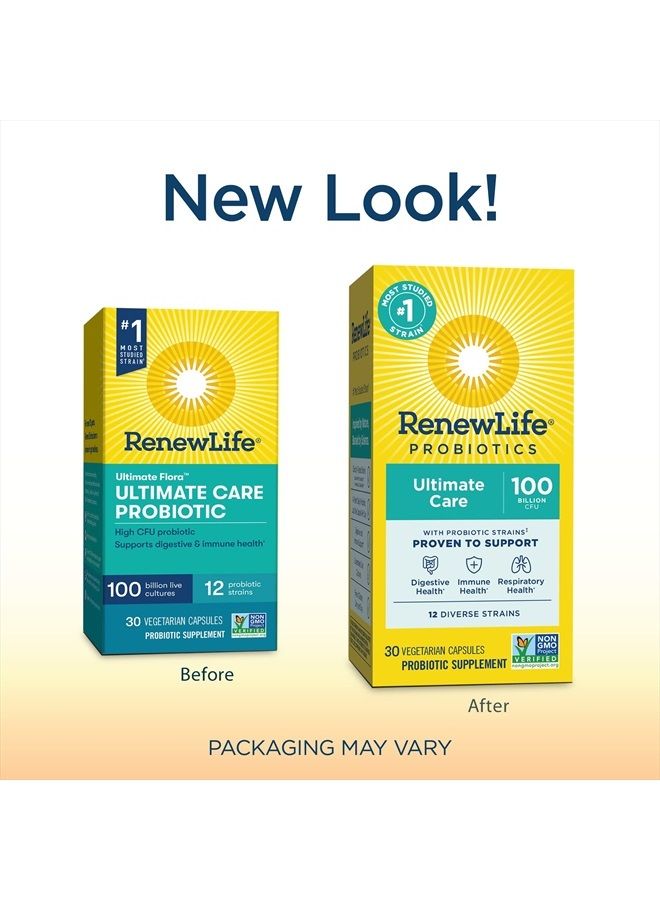 Renew Life Adult Probiotics, 100 Billion CFU Guaranteed, Ultimate Care Probiotic Supplement for Digestive & Immune Health, Shelf Stable, Gluten Dairy & Soy Free, 30 Capsules - Image 2