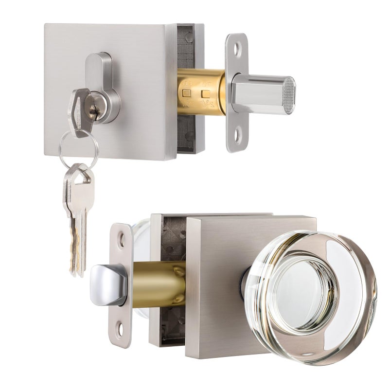 Newliplace Exterior Glass Door Knob With Single Cylinder Deadbolt Lockset, Entry Crystal Door Knob With Deadbolt, Brushed Nickel Front Door Lock Set, Satin Nickel Front Door Handle And Deadbolt Set - Image 1