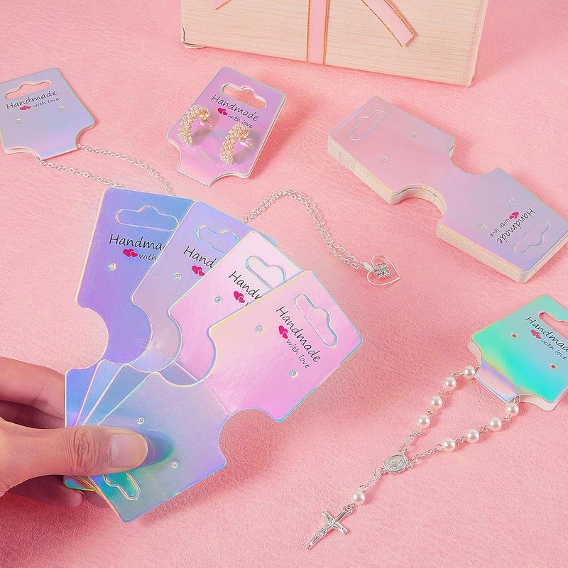 Teling 400 Pcs Holographic Jewelry Display Cards Sturdy Earring Bracelet Necklace Holder Cards for Selling Hanging Price Tag Jewelry Packaging for Small Business Bracelet Keychain Scrunchies Display - Image 4
