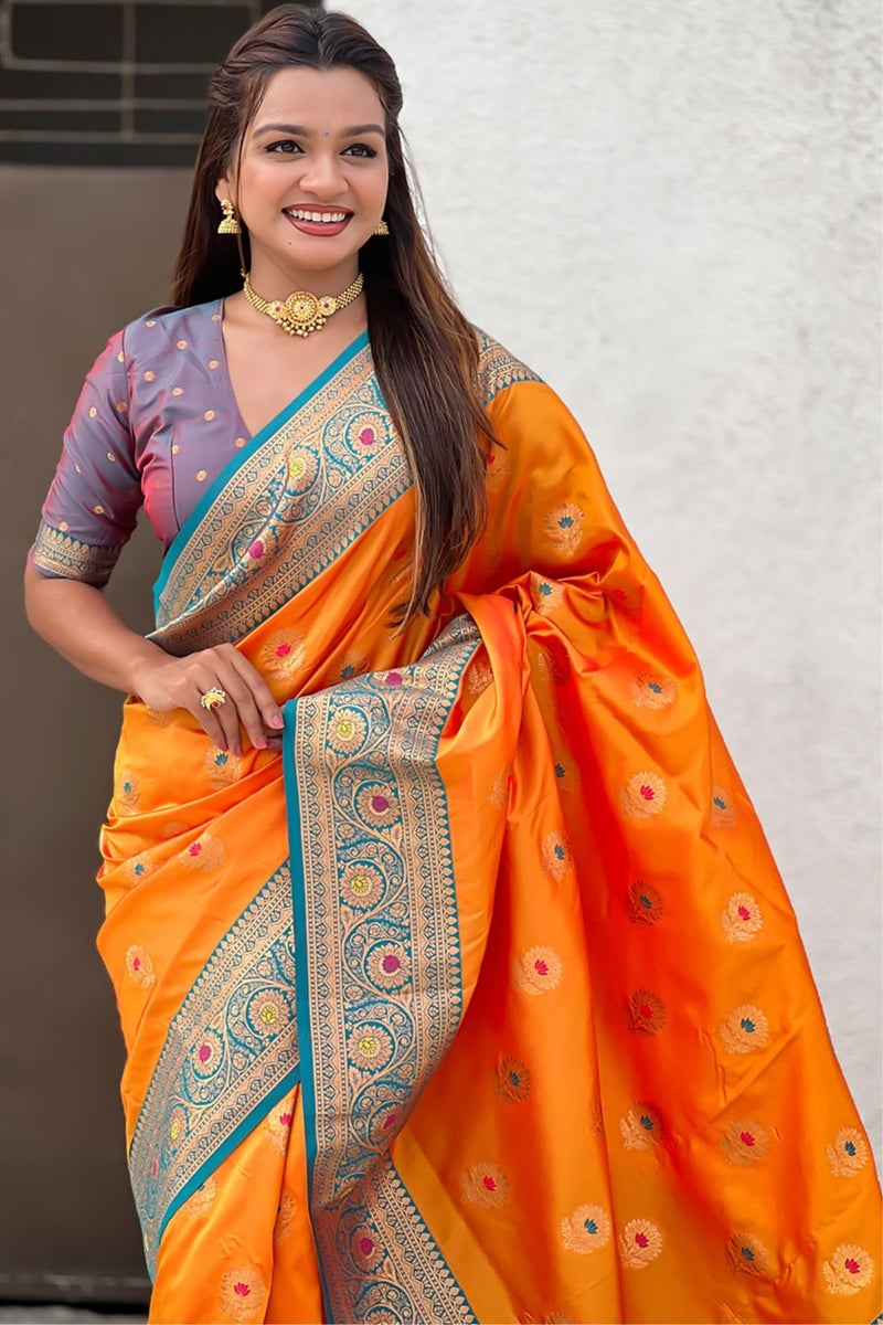 SGF11 Women's Kanjivaram Pure Soft Silk Saree With Unstitched Blouse Piece (Orange) - Image 3