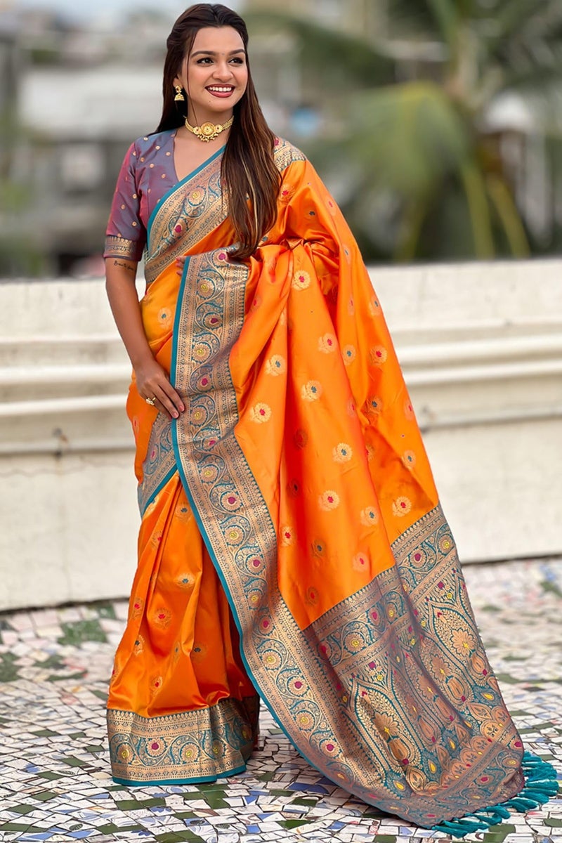 SGF11 Women's Kanjivaram Pure Soft Silk Saree With Unstitched Blouse Piece (Orange) - Image 5