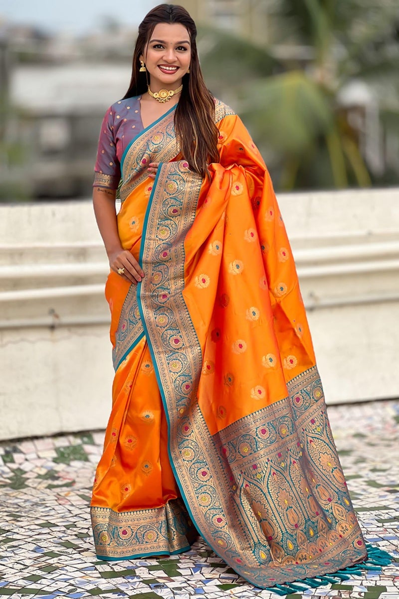 SGF11 Women's Kanjivaram Pure Soft Silk Saree With Unstitched Blouse Piece (Orange) - Image 2