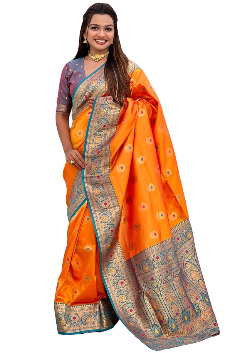 SGF11 Women's Kanjivaram Pure Soft Silk Saree With Unstitched Blouse Piece (Orange) - Image 1