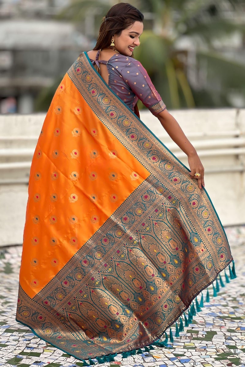 SGF11 Women's Kanjivaram Pure Soft Silk Saree With Unstitched Blouse Piece (Orange) - Image 4