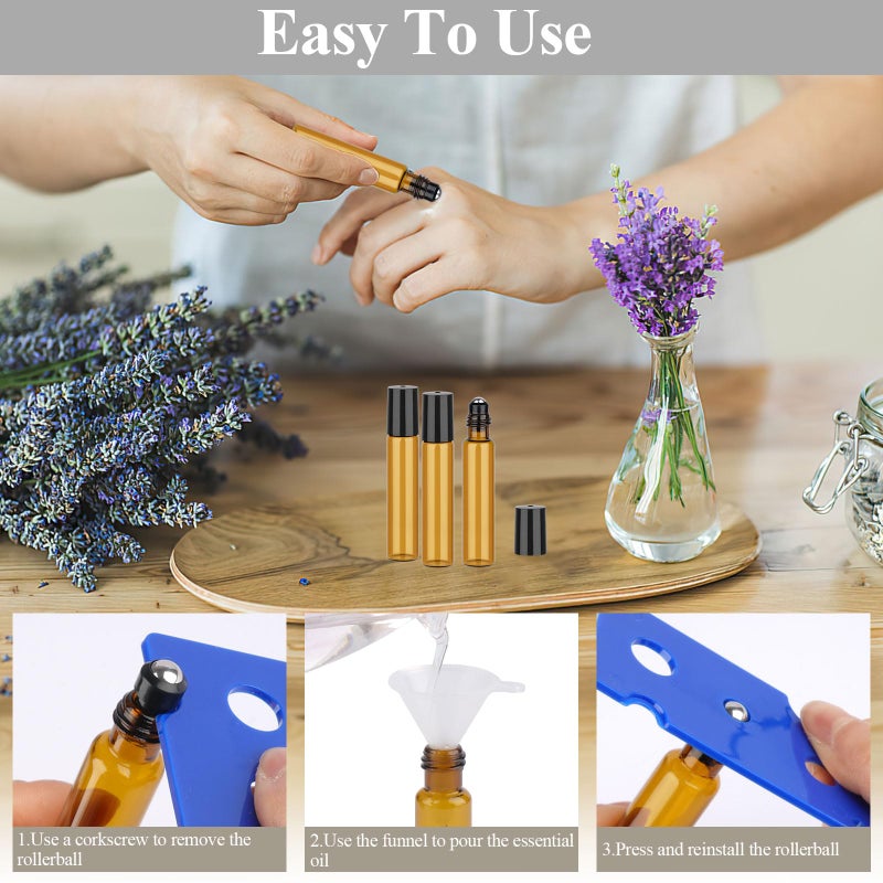 PEASUG 12 Pack Amber Roller Bottles for Essential Oils, 10ml Glass Roll On Bottles for Travel and Lip Gloss, Empty Perfume Roller Ball Applicator Bottle With Lid, Dropper, Funnel, Opener, Labels - Image 4
