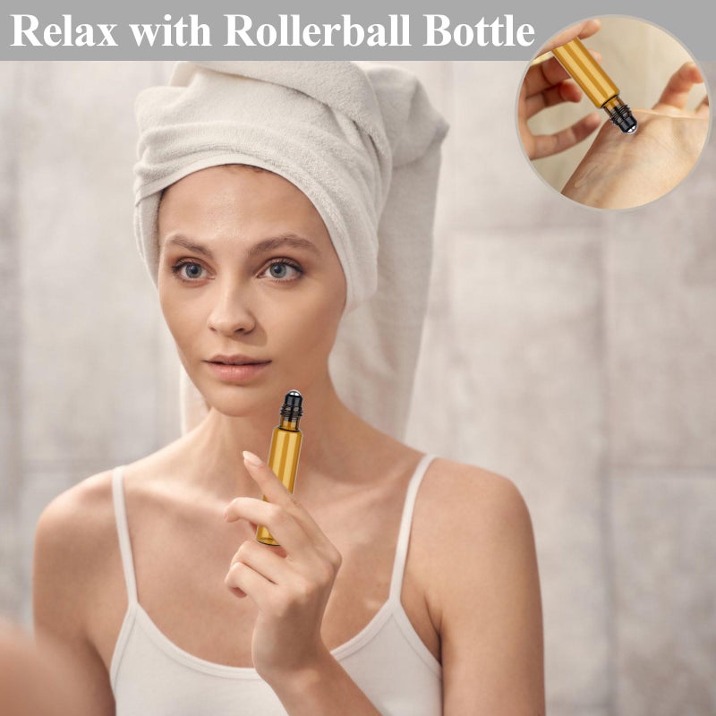 PEASUG 12 Pack Amber Roller Bottles for Essential Oils, 10ml Glass Roll On Bottles for Travel and Lip Gloss, Empty Perfume Roller Ball Applicator Bottle With Lid, Dropper, Funnel, Opener, Labels - Image 5