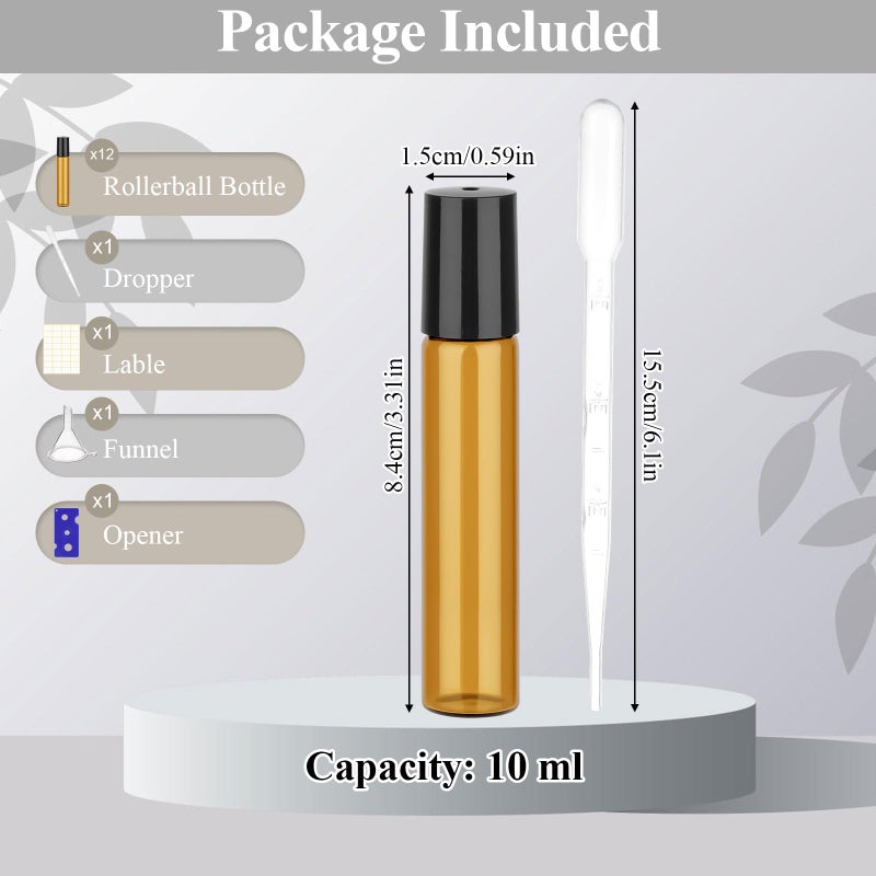 PEASUG 12 Pack Amber Roller Bottles for Essential Oils, 10ml Glass Roll On Bottles for Travel and Lip Gloss, Empty Perfume Roller Ball Applicator Bottle With Lid, Dropper, Funnel, Opener, Labels - Image 2