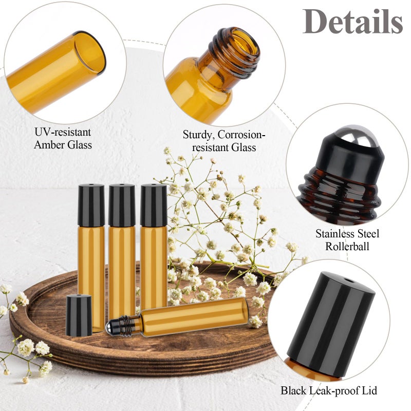 PEASUG 12 Pack Amber Roller Bottles for Essential Oils, 10ml Glass Roll On Bottles for Travel and Lip Gloss, Empty Perfume Roller Ball Applicator Bottle With Lid, Dropper, Funnel, Opener, Labels - Image 3