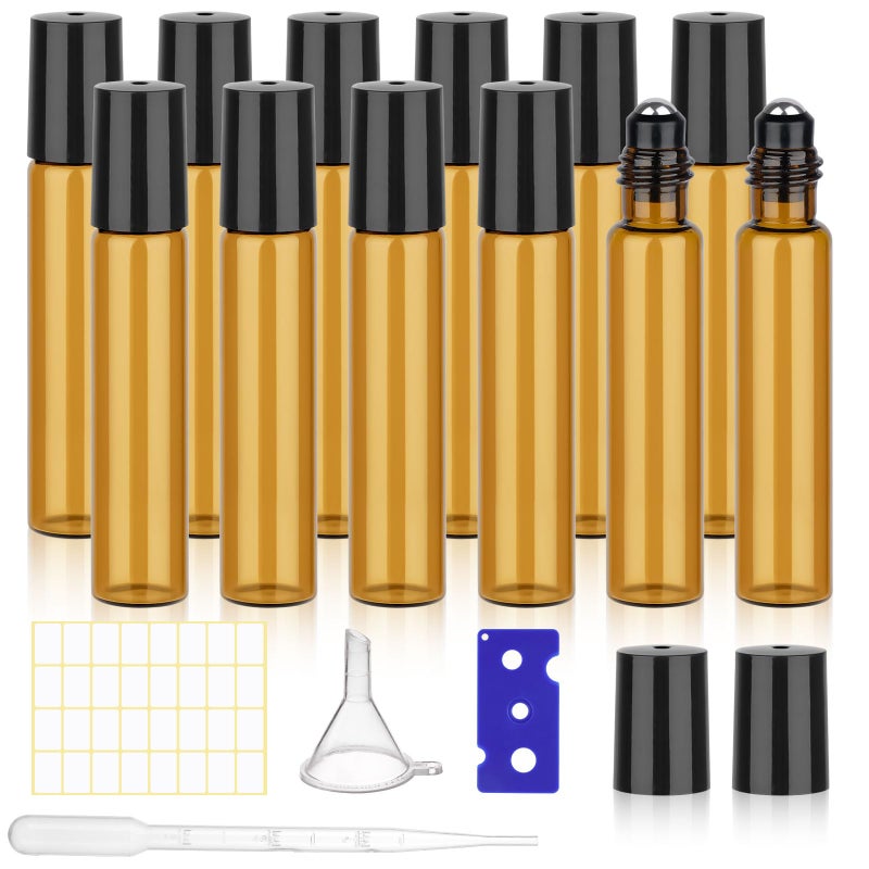 PEASUG 12 Pack Amber Roller Bottles for Essential Oils, 10ml Glass Roll On Bottles for Travel and Lip Gloss, Empty Perfume Roller Ball Applicator Bottle With Lid, Dropper, Funnel, Opener, Labels - Image 1