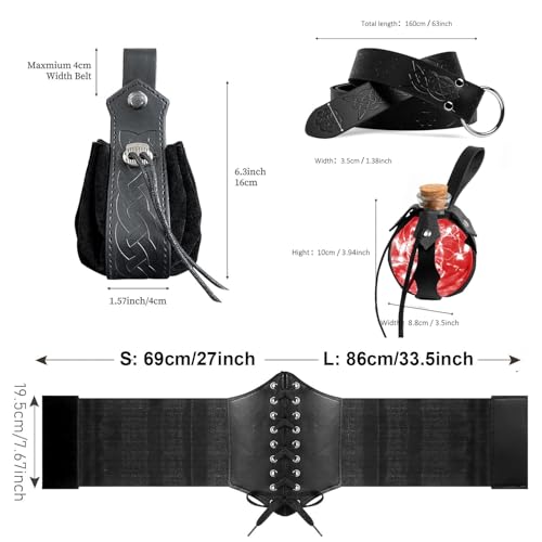 KOTORA 7PCS Renaissance Costume Sets Corset Waistband Belt Pouch Coin Purse Alight Potion Bottle Skirt Hike Medieval Cosplay (Black, L/Waist 32"-43") - Image 5