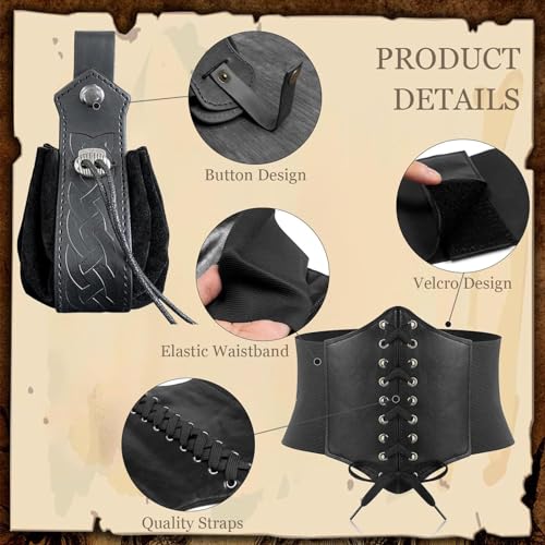 KOTORA 7PCS Renaissance Costume Sets Corset Waistband Belt Pouch Coin Purse Alight Potion Bottle Skirt Hike Medieval Cosplay (Black, L/Waist 32"-43") - Image 4