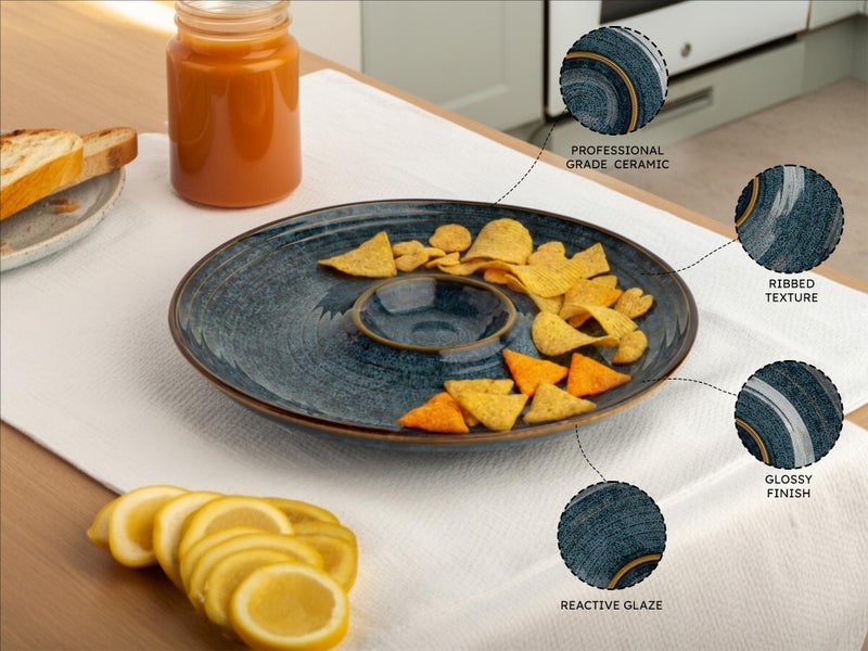Bodhi House Ceramic Chip and Dip Platter – Perfect Serving Platter for Snacks, Appetizers, Chips & Salsa, Veggies & Dip, Microwave & Dishwasher Safe (Greenish Blue) - Image 4