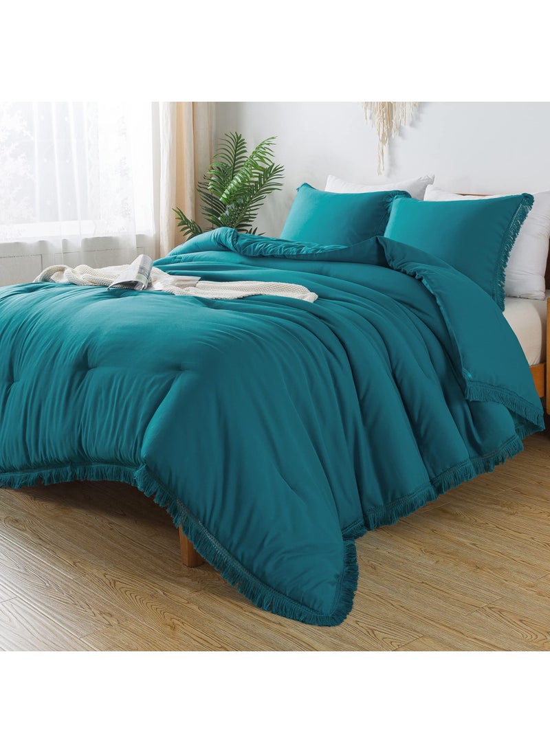 Andency Andency Turquoise Comforter Set King  3 Pieces Boho Teal Tassel Lightweight Bedding Comforter Sets for King Bed  All Season Bed Set (104x90In Comforter & 2 Pillowcases) 