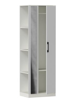 Mahmayi Modern Single Door Wardrobe with 3 Open Side Shelves, Mirror and Hanging Rods Efficient Storage for Home, Bedroom Premium White