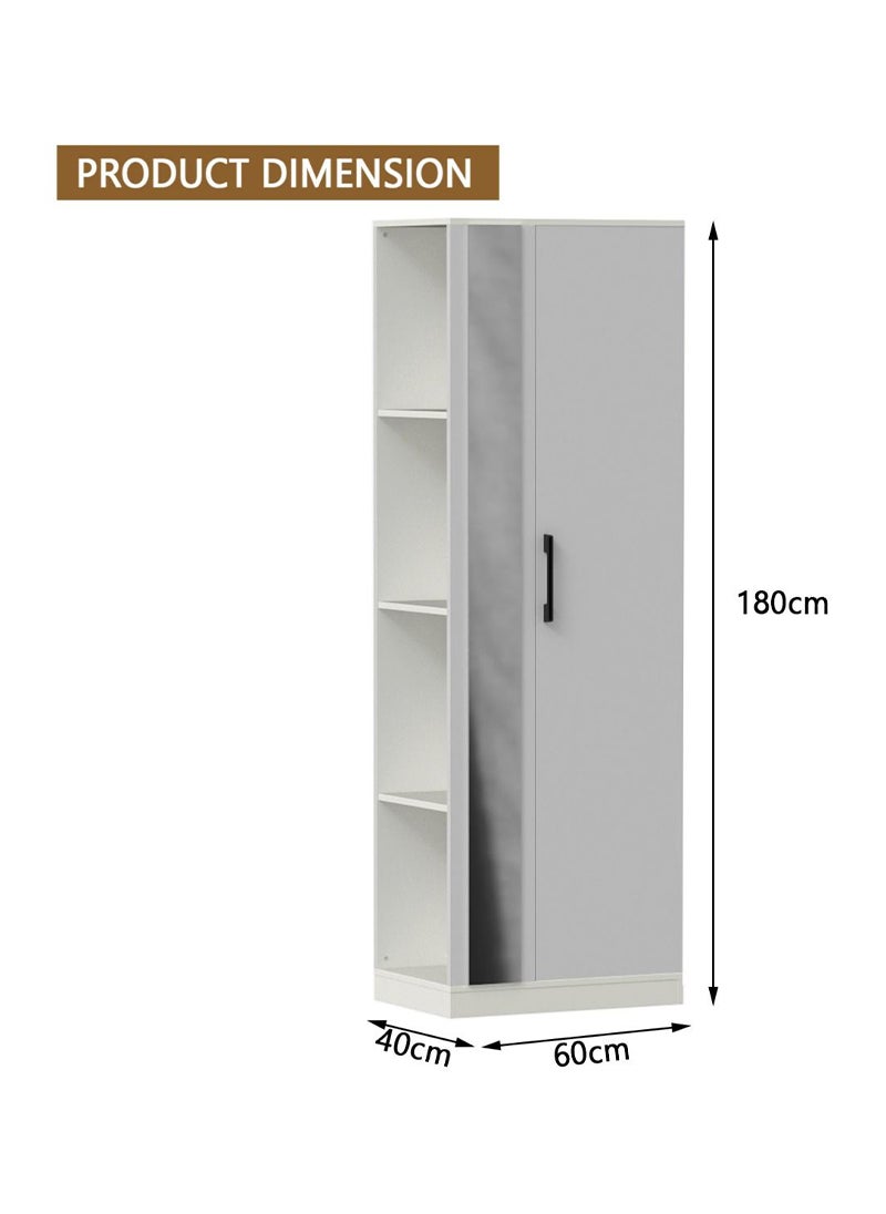 Mahmayi - Mahmayi Modern Single Door Wardrobe with 3 Open Side Shelves, Mirror and Hanging Rods Efficient Storage for Home, Bedroom Premium White - Image 1