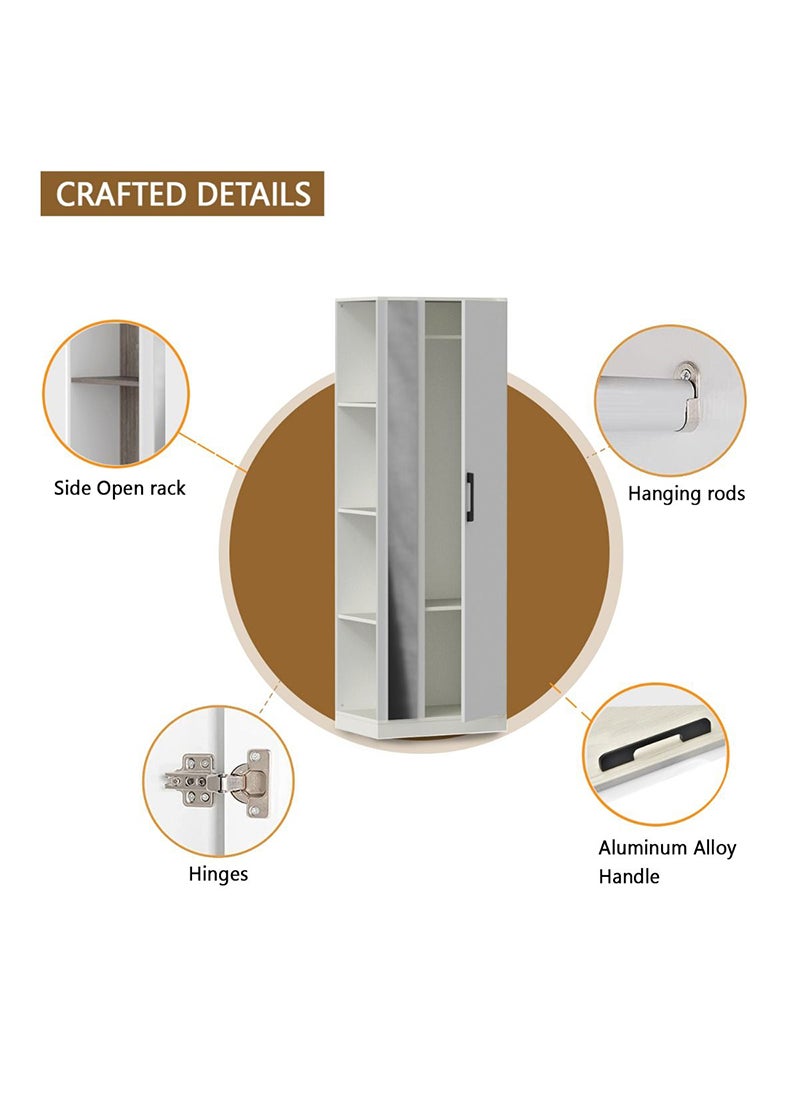 Mahmayi - Mahmayi Modern Single Door Wardrobe with 3 Open Side Shelves, Mirror and Hanging Rods Efficient Storage for Home, Bedroom Premium White - Image 1