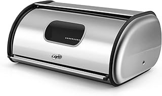 Flexzion Stainless Steel Countertop Bread Box Kitchen Storage, Roll Top Bread Box with Front Window for Homemade Cakes, - Image 1