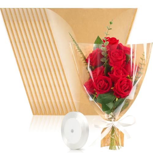 CLUEWR 50 PCS Flower Bags for Bouquets, Floral Wrapping Sleeves with Ribbons Florist Wrap Supplies, 15.7 x 13.7 Inches - Image 1