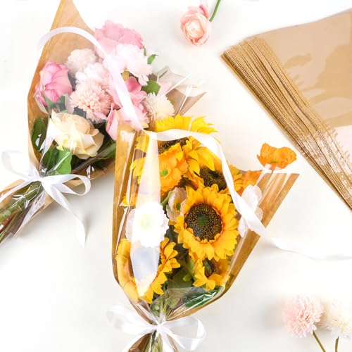 CLUEWR 50 PCS Flower Bags for Bouquets, Floral Wrapping Sleeves with Ribbons Florist Wrap Supplies, 15.7 x 13.7 Inches - Image 5