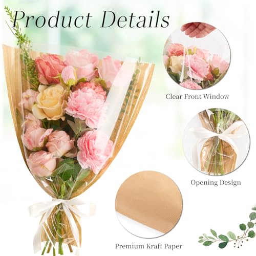 CLUEWR 50 PCS Flower Bags for Bouquets, Floral Wrapping Sleeves with Ribbons Florist Wrap Supplies, 15.7 x 13.7 Inches - Image 3