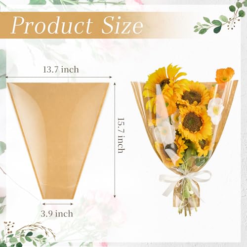 CLUEWR 50 PCS Flower Bags for Bouquets, Floral Wrapping Sleeves with Ribbons Florist Wrap Supplies, 15.7 x 13.7 Inches - Image 2