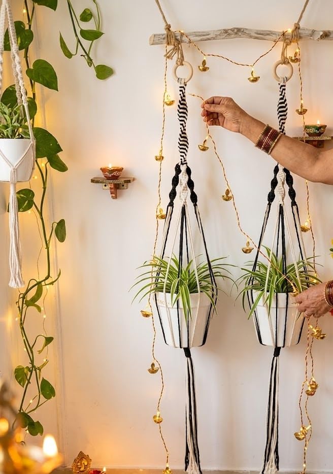 DXYZ Macrame Cotton Dyed Black and Ivory Outdoor/Indoor Plant Hanger [Without Pot] | Rope Flower Pot Holder Planter for Balcony Garden Wall | Home Decor Basket Hanger (2) - Image 2