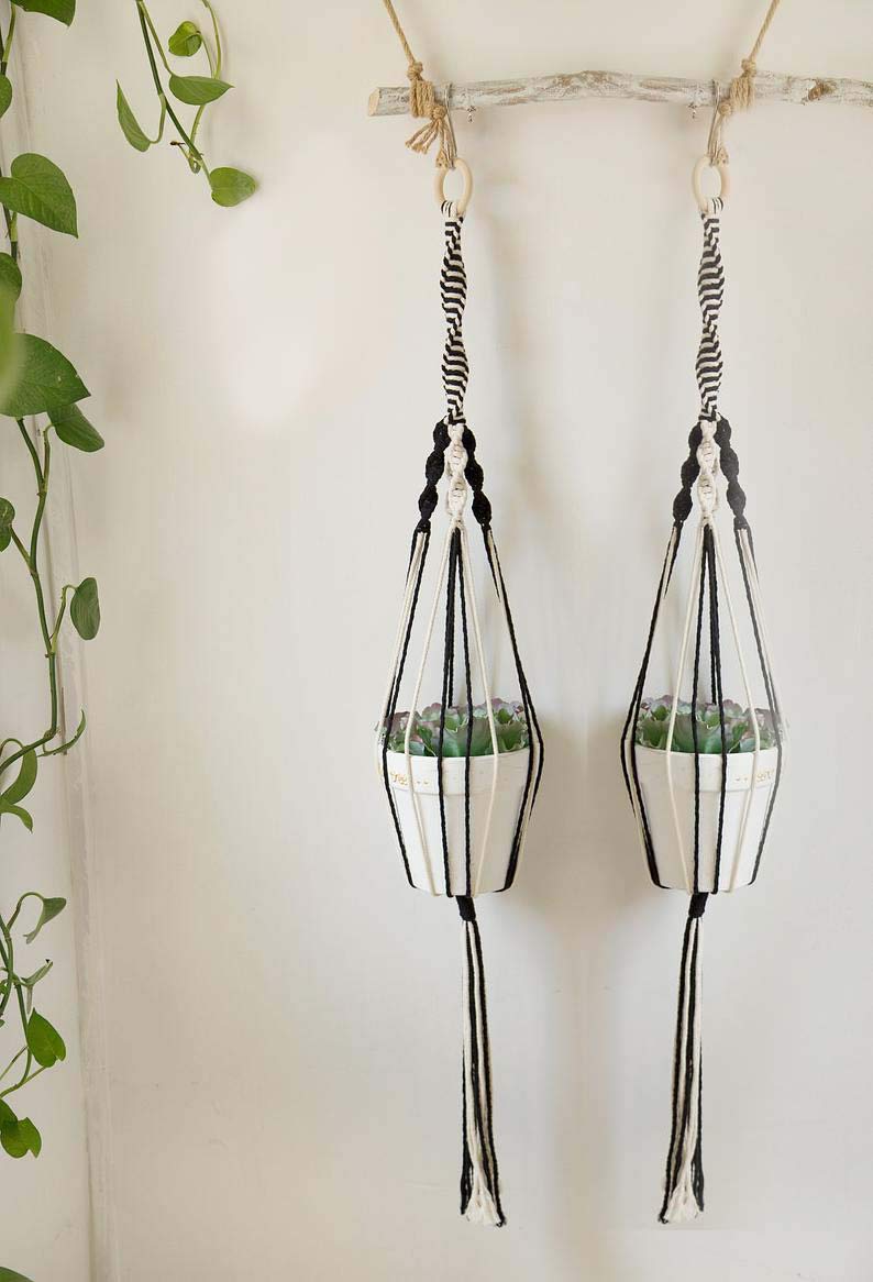 DXYZ Macrame Cotton Dyed Black and Ivory Outdoor/Indoor Plant Hanger [Without Pot] | Rope Flower Pot Holder Planter for Balcony Garden Wall | Home Decor Basket Hanger (2) - Image 1