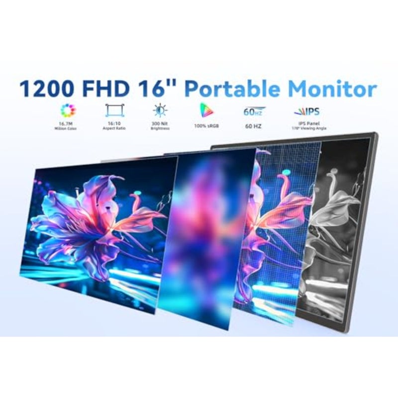16" Portable Monitor for Laptop - 1200P FHD Laptop Screen Extender HDMI USB C Travel External Display with Stand Gaming Monitor for PC MAC Switch Phone Computer Xbox PS4/5 - Image 2
