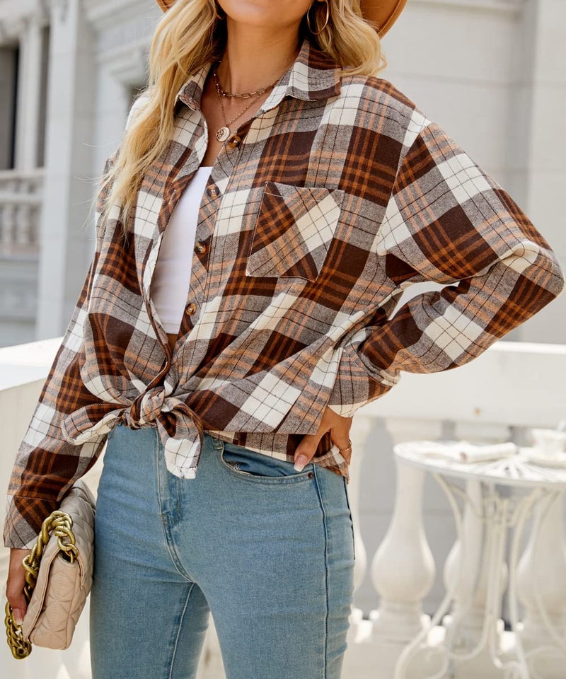 CHYRII Womens Button Down Flannel Shirts Long Sleeve Plaid Shacket Business Casual Blouse Topss Chocolate-7123 XXL - Image 3
