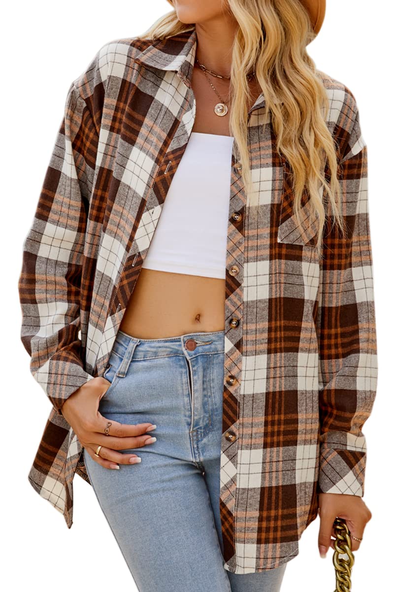 CHYRII Womens Button Down Flannel Shirts Long Sleeve Plaid Shacket Business Casual Blouse Topss Chocolate-7123 XXL - Image 1