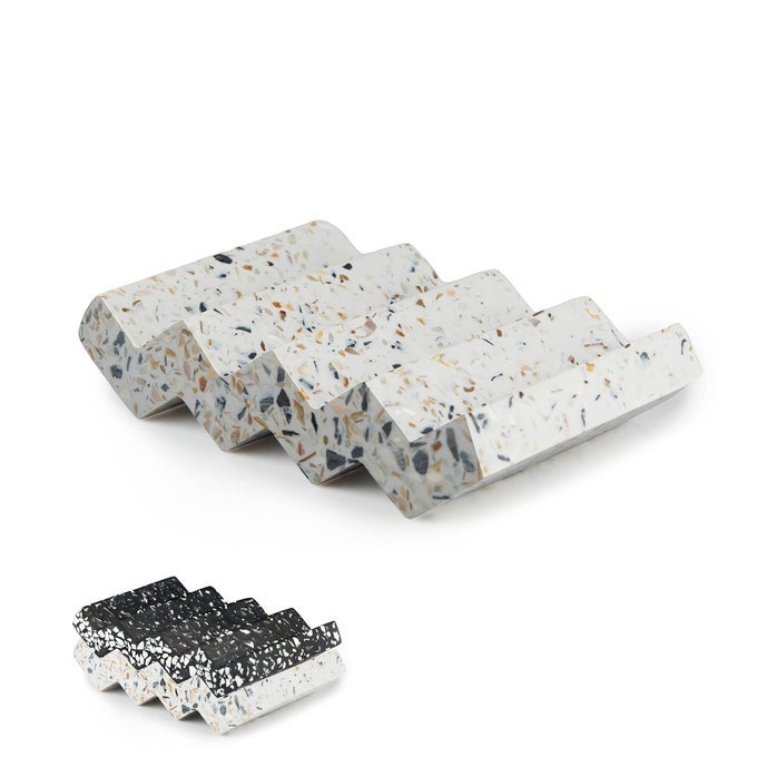 ZIG ZAG TERRAZZO STONE SOAP DISH FOR BATHROOM SINK CONCRETE SOAP SAVER FOR BAR SOAP HOLDER FOR SHOWER SPONGE HOLDER SELF DRAINING SOAP DISH HOLDER KITCHEN SOAP TRAY WHITE
