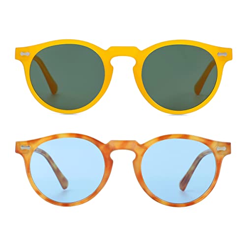 Gleyemor Vintage Polarized Sunglasses for Men Retro Round Sunglasses (Yellow/Green + Yellow Tortoise/Clear Blue) - Image 2
