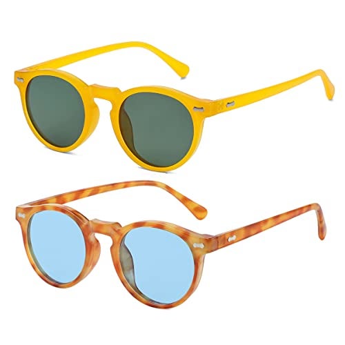 Gleyemor Vintage Polarized Sunglasses for Men Retro Round Sunglasses (Yellow/Green + Yellow Tortoise/Clear Blue) - Image 1