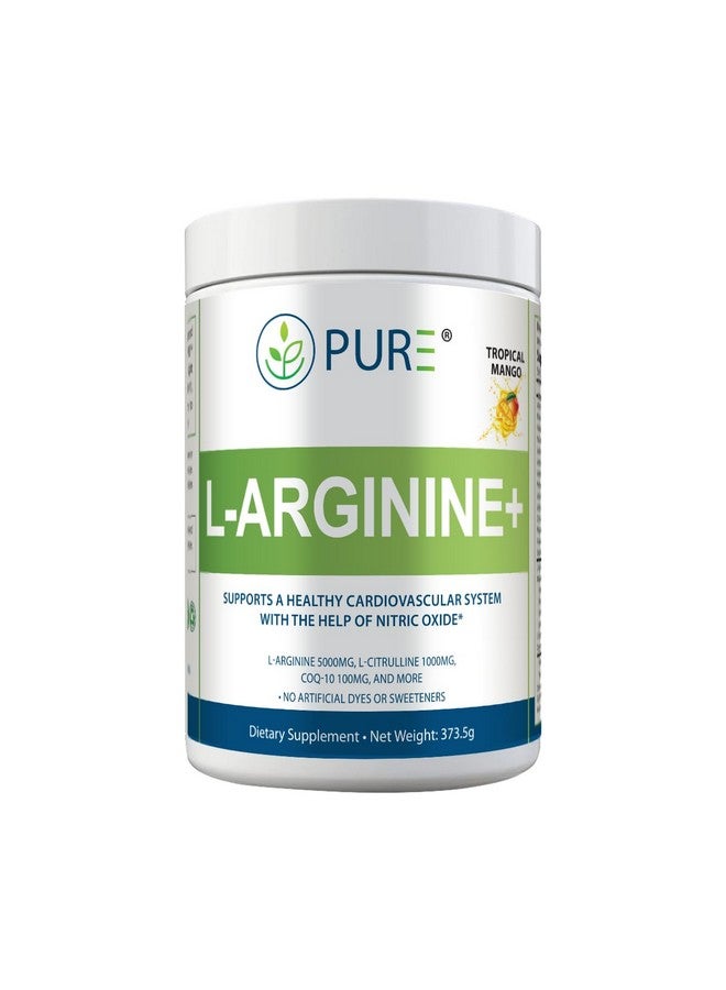 PURE مشروب مزيج L-أرجينين النقي +، مانجو استوائي، L-أرجينين 5000 ملغ، L-سيترولين 1000 ملغ، فيتامينات B12، C، D3، جذر الشمندر، 30 حصة، دعم أكسيد النيتريك، دعم القلب والأوعية الدموية، ودعم الطاقة - Image 1