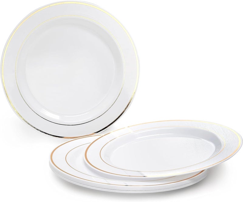 OCCASIONS FINEST PLASTIC TABLEWARE " OCCASIONS " 200Piece set (25 Guests)-Heavyweight Wedding Party Disposable Plastic Plate Set -25 x 10.5'' + 25 x 7.5'' + Silverware + Cups +linen like paper Napkins (Ivory & Gold Rim) - Image 2