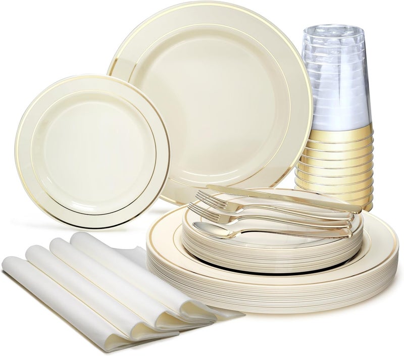 OCCASIONS FINEST PLASTIC TABLEWARE " OCCASIONS " 200Piece set (25 Guests)-Heavyweight Wedding Party Disposable Plastic Plate Set -25 x 10.5'' + 25 x 7.5'' + Silverware + Cups +linen like paper Napkins (Ivory & Gold Rim) - Image 1