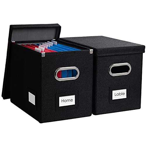 PRANDOM File Organizer Box - Set of 2 Collapsible Decorative Linen Filing Storage Hanging File Folders with Lids Office Cabinet Letter Size Black (14x9.3x10.8 inch) - Image 1