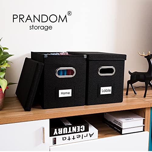PRANDOM File Organizer Box - Set of 2 Collapsible Decorative Linen Filing Storage Hanging File Folders with Lids Office Cabinet Letter Size Black (14x9.3x10.8 inch) - Image 2