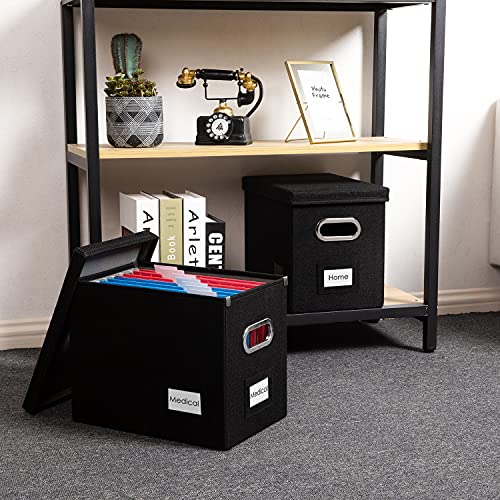 PRANDOM File Organizer Box - Set of 2 Collapsible Decorative Linen Filing Storage Hanging File Folders with Lids Office Cabinet Letter Size Black (14x9.3x10.8 inch) - Image 3