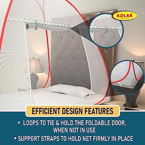KOLAR Supreme On Mosquito Net for Single Bed|Polyester 30 GSM|Foldable Machardani |Strong and Durable|Tent Type Corrosion Resistant - White Red Color - Image 4