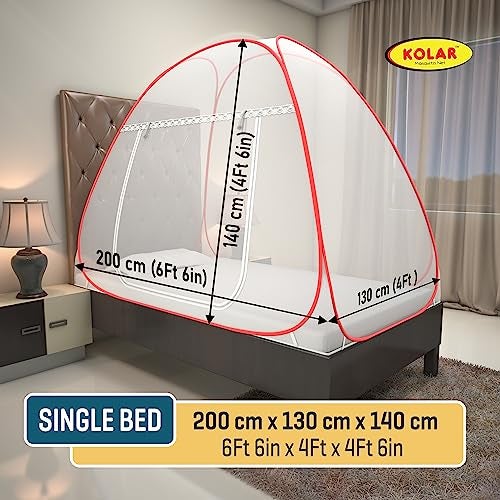 KOLAR Supreme On Mosquito Net for Single Bed|Polyester 30 GSM|Foldable Machardani |Strong and Durable|Tent Type Corrosion Resistant - White Red Color - Image 2