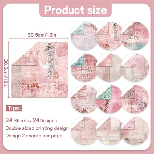Colabrili Scrapbook Paper 12x12 inch, 24 Sheets DIY Origami Decorative Craft, Double sided printing, Photo Album Decor Wooden-free Paper for Gift Wrapping Card Making Collage Album Decorative (Pink) - Image 2
