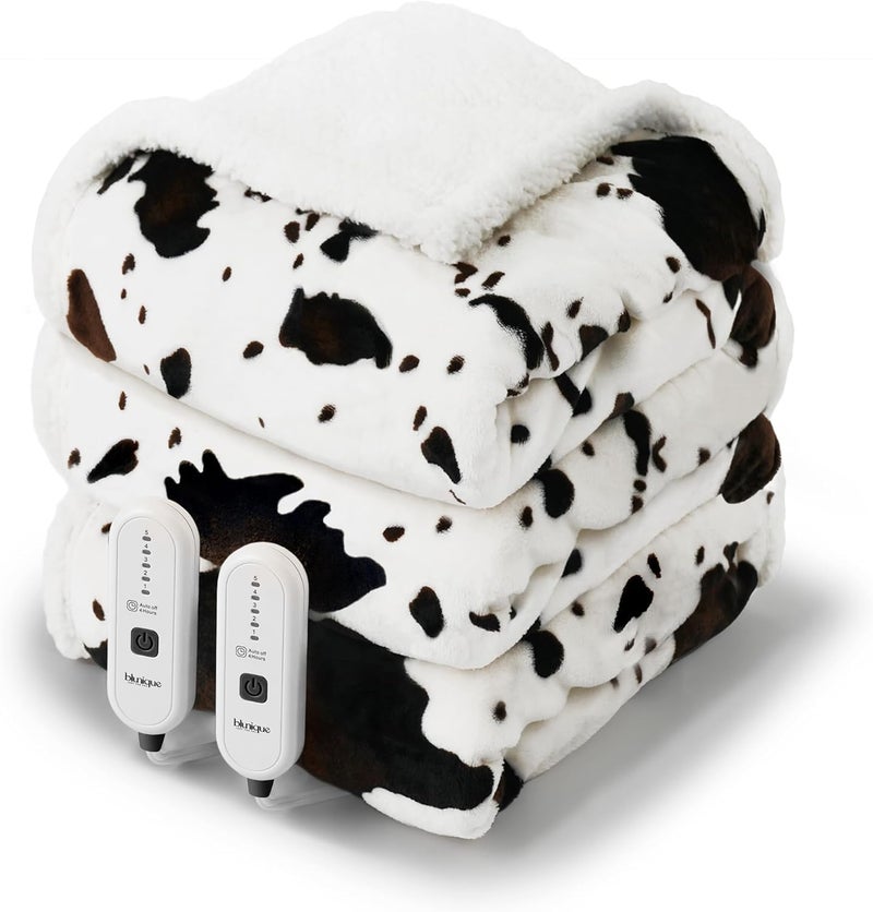 blunique Cow Print Heated Electric Blanket King SizeDual Control Heating Blanket King Size with 5 Heat Levels  10 Hours AutoOff Cozy Soft Fleece Sherpa Washable 90x100 Inche