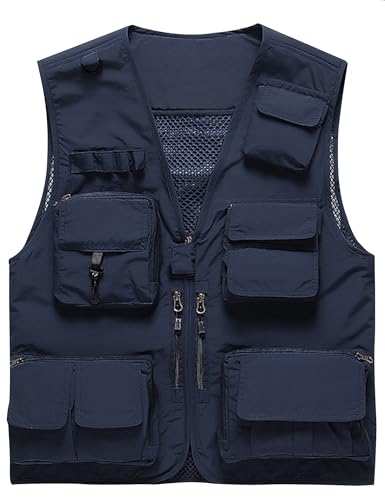 Flygo Mens Casual Lightweight Outdoor Fishing Work Safari Travel Photo Cargo Vest Jacket Multi PocketsLarge Navy Blue