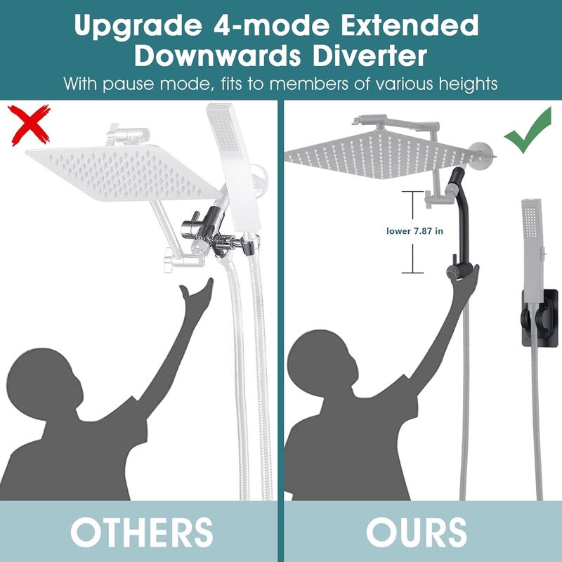 PDPBath Brass Shower Arm Diverter with Adhesive Handheld Holder for Easy Reach, Upgrade Low 3-Way Diverter with Pause Setting, G1/2 Universal Connection - Matte Black - Image 2