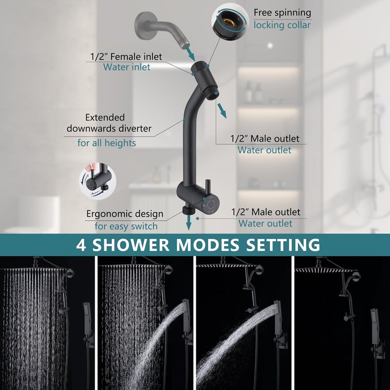 PDPBath Brass Shower Arm Diverter with Adhesive Handheld Holder for Easy Reach, Upgrade Low 3-Way Diverter with Pause Setting, G1/2 Universal Connection - Matte Black - Image 3