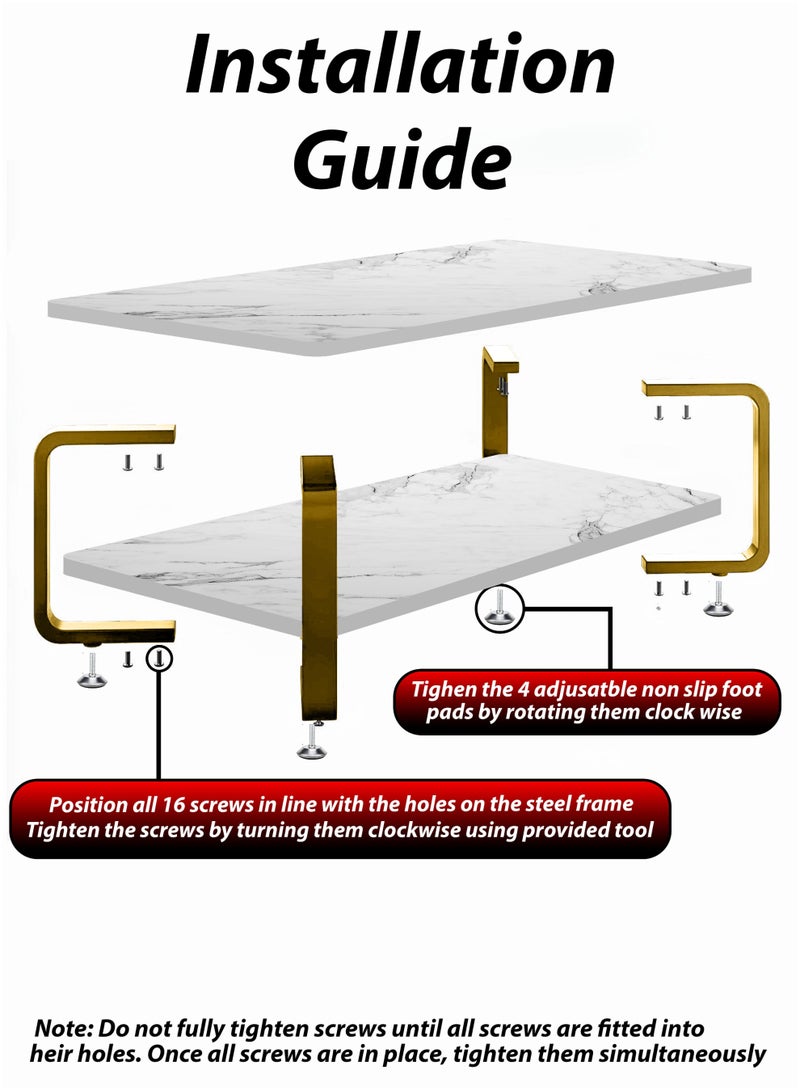 دي بلو طاولة قهوة مستطيلة فاخرة من الرخام الأبيض الصناعي مكونة من طبقتين، طاولة أريكة كوكتيل مركزية حديثة بقاعدة إطار فولاذي ذهبي لغرفة المعيشة أو المكتب أو الاستقبال أو المطعم أو ردهة الفندق أو غرفة النوم أو المنزل أو الحديقة الخارجية أو الفناء أو الديكور أو الأثاث أو تصميم مستطيل مميز لطاولة شاي مع رف تخزين سفلي 120 × 60 × 43 سم - Image 3