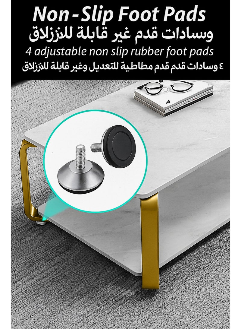 دي بلو طاولة قهوة مستطيلة فاخرة من الرخام الأبيض الصناعي مكونة من طبقتين، طاولة أريكة كوكتيل مركزية حديثة بقاعدة إطار فولاذي ذهبي لغرفة المعيشة أو المكتب أو الاستقبال أو المطعم أو ردهة الفندق أو غرفة النوم أو المنزل أو الحديقة الخارجية أو الفناء أو الديكور أو الأثاث أو تصميم مستطيل مميز لطاولة شاي مع رف تخزين سفلي 120 × 60 × 43 سم - Image 5