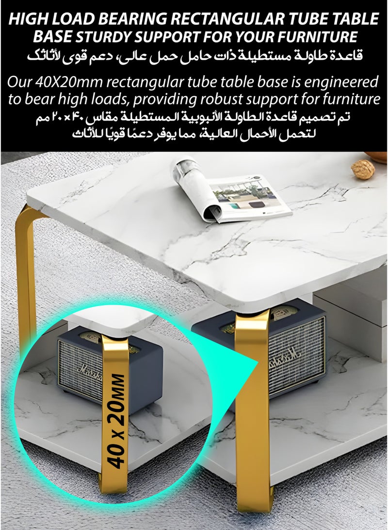 دي بلو طاولة قهوة مستطيلة فاخرة من الرخام الأبيض الصناعي مكونة من طبقتين، طاولة أريكة كوكتيل مركزية حديثة بقاعدة إطار فولاذي ذهبي لغرفة المعيشة أو المكتب أو الاستقبال أو المطعم أو ردهة الفندق أو غرفة النوم أو المنزل أو الحديقة الخارجية أو الفناء أو الديكور أو الأثاث أو تصميم مستطيل مميز لطاولة شاي مع رف تخزين سفلي 120 × 60 × 43 سم - Image 4