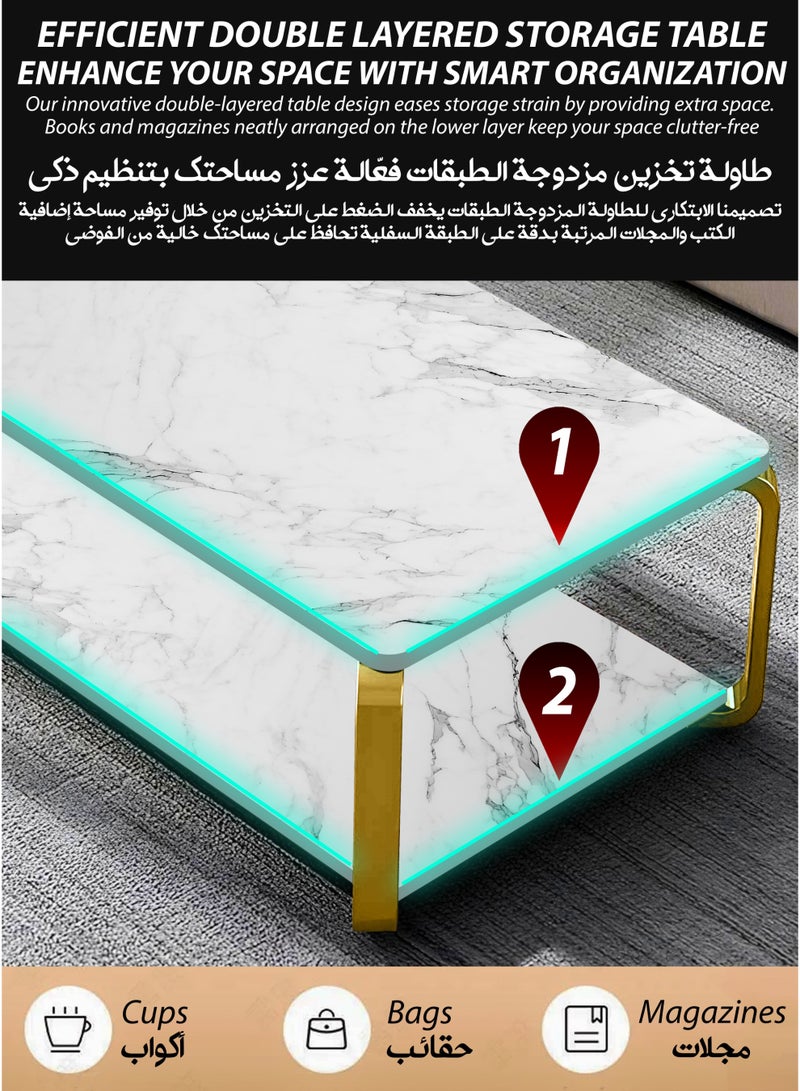 دي بلو طاولة قهوة مستطيلة فاخرة من الرخام الأبيض الصناعي مكونة من طبقتين، طاولة أريكة كوكتيل مركزية حديثة بقاعدة إطار فولاذي ذهبي لغرفة المعيشة أو المكتب أو الاستقبال أو المطعم أو ردهة الفندق أو غرفة النوم أو المنزل أو الحديقة الخارجية أو الفناء أو الديكور أو الأثاث أو تصميم مستطيل مميز لطاولة شاي مع رف تخزين سفلي 120 × 60 × 43 سم - Image 2